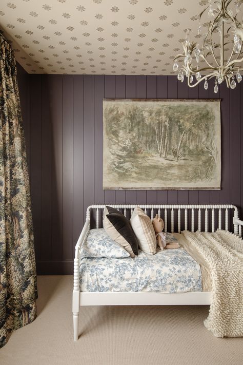 Polly's (Big Girl) Modern Cottage Bedroom Reveal - Chris Loves Julia Modern Cottage Bedroom, Plum Walls, Homework Room, Chris Loves Julia, Plank Walls, Bold Wallpaper, Cottage Bedroom, Modern Cottage, Big Girl Rooms