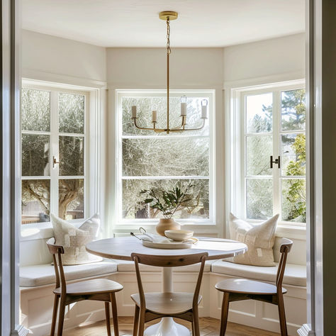 14 Glorious Bay Window Ideas Kitchen Bay Window Table Ideas, Bay Window Seat Kitchen Breakfast Nooks, Built In Kitchen Table Bay Window, Kitchen Bay Window Table, Kitchen Banquette Bay Window, Breakfast Bay Window, Picture Window Dining Room, Breakfast Bay Window Ideas, Breakfast Nook With Bay Window