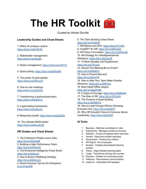 Wouter Durville on LinkedIn: The HR Toolkit: 42 free resources for HR professionals 🧰

- 10 leadership… | 221 comments Hr Specialist Human Resources, Human Resources Generalist, Hr Cheat Sheet, Human Resources Ideas, Hr Templates, Hr Infographic, Human Resources Career, Human Resources Management, Hr Consulting