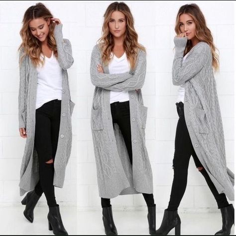 Long Grey Cardigan, Long Cardigans, Looks Jeans, Cardigan Outfit, Sweater Duster, Love Stitch, Cardigan Outfits, Grey Cardigan, Fall Winter Outfits