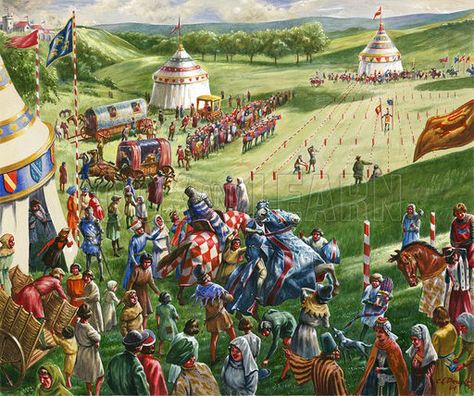 Mediaeval tournament, picture, image, illustration Famous Historical Figures, Medieval Times, T Art, Historical Pictures, Medieval Fantasy, Middle Ages, Book Illustration, Original Watercolor Painting, Knights