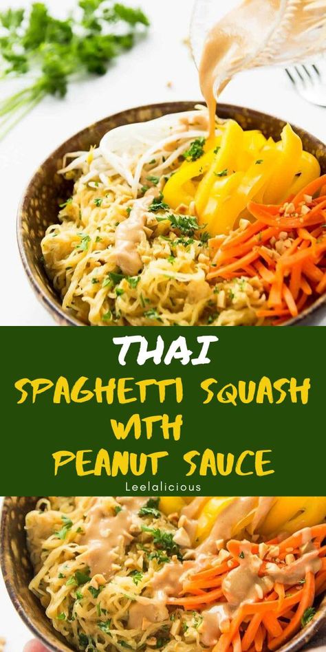 Healthy Thai Spaghetti Squash with delicious peanut sauce makes a great side dish or base for a grain-free Pad Thai recipe. This recipe is gluten-free, vegan, and clean eating. The peanut sauce makes a great dip too.  #healthy #recipe #delicious #Thai #spaghetti #squash #glutenfree #vegan #cleaneating #peanutsauce #dip #grainfree #instantpot #dinner #norefinedsugar #peanuts Thai Spaghetti Squash, Thai Spaghetti, Spaghetti Squash Recipes Chicken, Easy Thai Peanut Sauce, Spaghetti Squash Recipes Vegan, Healthy Squash Recipes, Spaghetti Squash Recipes Healthy, Spaghetti Squash Recipes Easy, Squash Spaghetti