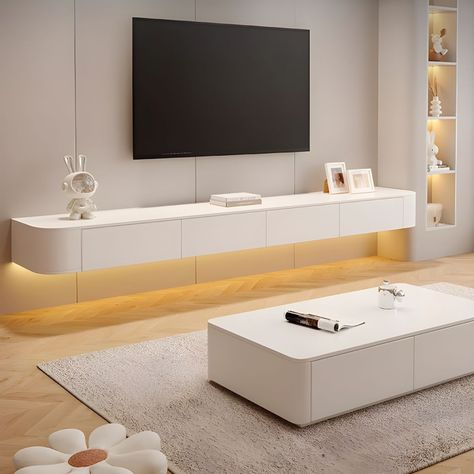 Modern Floating Simple White TV Media Console with Storage for Home - Sintered Stone 55"L x 9.5"W x 8"H TV Stands & Entertainment Centers Tv Media Console, Console With Storage, Floating Tv Unit, Wood Tv Console, White Tv, Bedroom Master, Tv Media, Luxury Bedroom Master, Luxury Bedroom