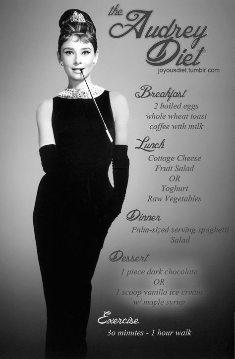 The Joyous Diet — I’m a huge fan of Audrey Hepburn! I love her... Audrey Hepburn Diet, Supermodel Diet, Diet Funny, Model Diet, Recipes Paleo, Eat In A Day, Tulip Bulbs, Ballet Beautiful, Weights For Women