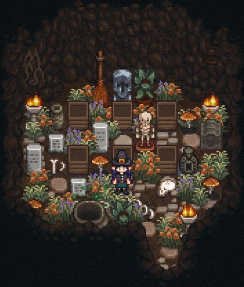 Witch Farm Stardew Valley, Stardew Valley Halloween Farm, Stardew Valley Mushroom Cave Design, Witch Stardew Valley, Stardew Cave Design, Stardew Valley Witch House, Stardew Valley Cave Design, Stardew Valley Cave Decoration, Stardew Valley Mushroom Cave Layout