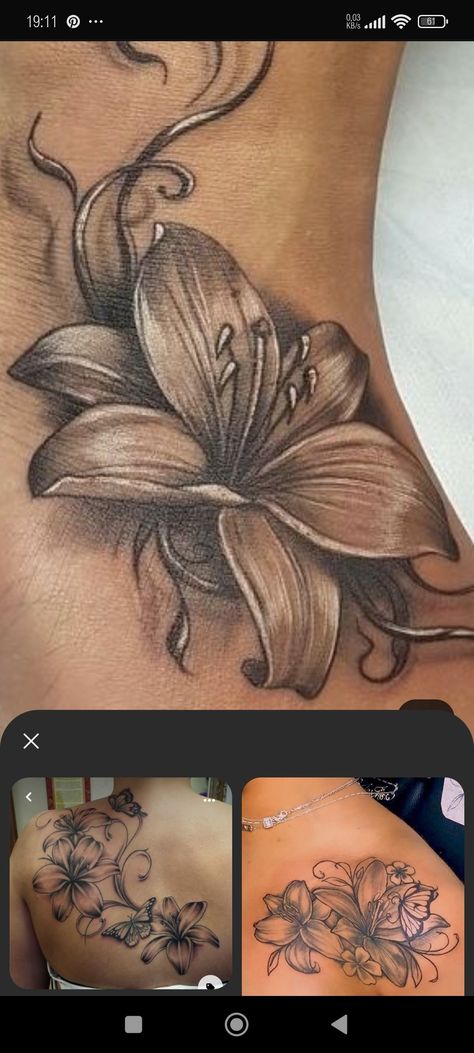 Left Leg Tattoos For Women, Lily And Butterfly Tattoo, Lily Tattoo Sleeve, Leg Tattoos For Women, Butterfly Tattoo Design, Leg Tattoos Women, Lily Tattoo, Tat Ideas, Tattoo Sleeve