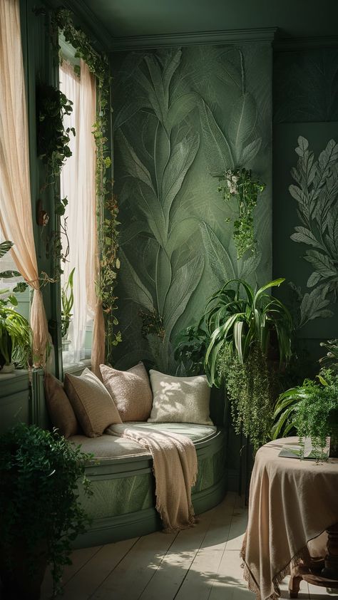 Earthy Aesthetic Wallpaper, Earthy Tones Aesthetic, Botanical Interior Design, Green Wallpaper Aesthetic, House Aesthetics, Botanical Interior, Nature Connection, Earthy Aesthetic, Biophilic Design