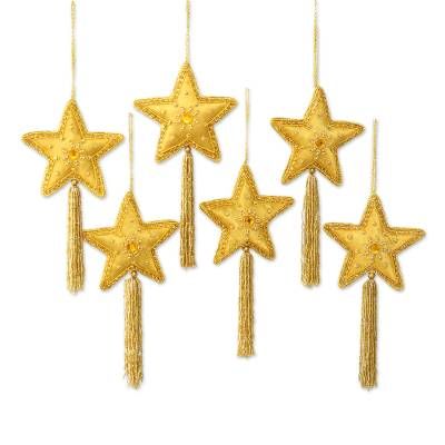 UNICEF Market | Embroidered and Beaded Gold Star Ornaments (Set of 6 ... Zardozi Embroidery, Dhurrie Rug, Language Art, Contemporary Christmas, Gold Ornaments, Golden Star, Mantel Decorations, Boho Chic Decor, Star Ornament