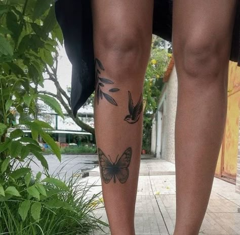 Leaves Leg Tattoos Women, Side Of Shin Tattoo, Back Of The Knee Tattoos For Women, Leg Leaf Tattoo, Leg Tattoo Placement For Women, Upper Thigh Wrap Around Tattoo, Leaf Knee Tattoo, Leaf Leg Tattoo, Tattoo Leg Placement