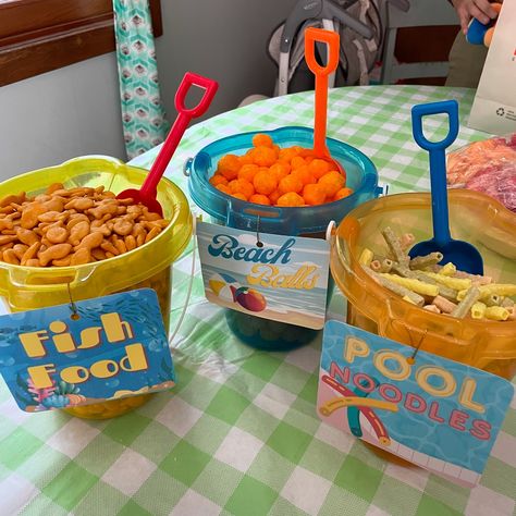 When someone asks you for beach themed snack signs, you gotta go extra #beachlife #beachparty #beachsnacks Beach Parties Ideas, Fun Summer Birthday Party Ideas, Bora Bora Themed Party, Beach Birthday Party Snacks, Beach Party Theme Food, Ocean Themed Food For Kids, Shark Themed Desserts, Beach Themed Food For Party, The Big One Surf Birthday Food