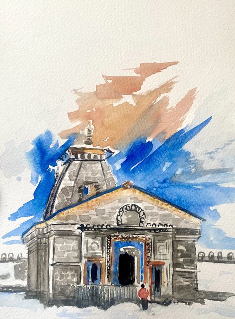 it's a hindu's one of top shrine. Shiva temple in Uttarakhand. Temple Painting Design, Uttarakhand Drawing, Temple Painting Indian, Temple Drawing Indian, Temple Art Indian, Kedarnath Art, Kedarnath Temple Painting, Kedarnath Painting, Temple Painting