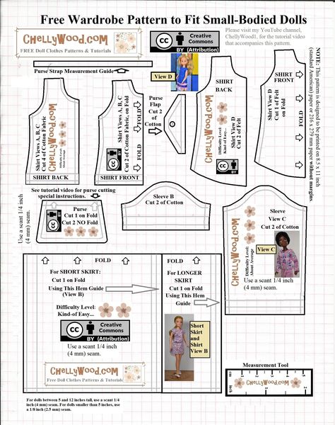 I'm Chelly Wood, and I design my own doll clothes for fun! My website, ChellyWood.com, offers hundreds of free printable PDF sewing patterns for making doll clothes to fit dolls of many shapes and sizes. Today's free printable doll clothes patterns will fit the 1970's Sunshine Family Mom and Grandma dolls. It will also fit vintage World of Love dolls from the 70's. Patterns include 2 lengths of skirts, a purse, and several styles of shirts. Dollhouse Doll Clothes, Free Doll Clothes Patterns, Free Printable Sewing Patterns, Barbie Sewing, Sewing Barbie Clothes, Doll Patterns Free, Barbie Doll Clothing Patterns, Doll Clothes Patterns Free, Skipper Doll