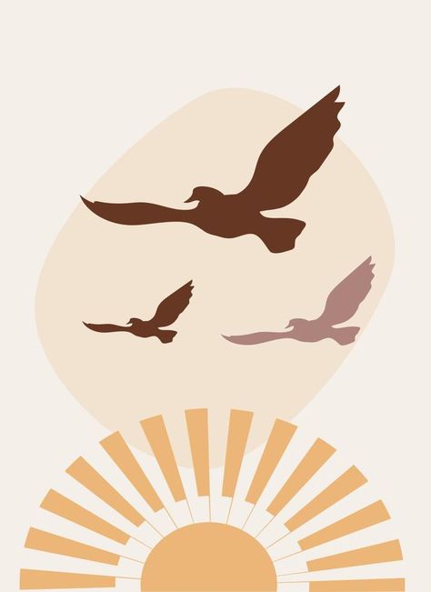 sunrise and birds fly in the sky. Symbol of peace, harmony and freedom. Template with abstract composition. Minimalism, boho style Freedom Symbolism, Sky Symbol, Bird Freedom, Painting Freedom, Animal Composition, Ramadan 2025, Boho Minimalism, Fly In The Sky, Logo Colours