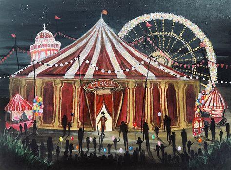 Not my usual kind of painting but it’s for a lovely local art themed competition, it was so much fun to paint and it took me back to visiting the circus as a child! “Roll up Roll up the circus is here!!” Hiding behind the sand dunes there was a Magical Vintage Circus 🎪 #circus #circusart #fairground #fairgroundart #vintageart #vintageartwork #rolluprollup #painting #art #artist #entertainment #artcompetition #loveart #balloons #cottoncandy #popcorn #fairgroundrides #funatthefair #funonthebe... Circus Theme Painting, Circus Tent Painting, Carnival Painting, Circus Painting, City Abstract, Circus Circus, Circus Tent, Circus Art, Acrylic Painting For Beginners