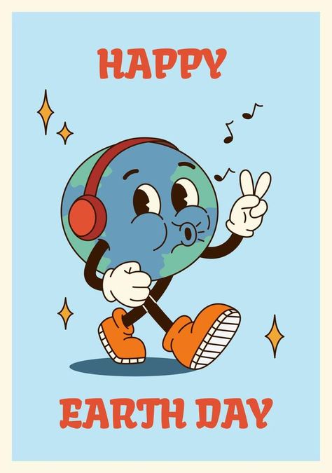 Vertical poster or card illustration groovy planet character walking in retro cartoon style of 60s 70s. Quote Happy Earth Day 60s Illustration Style, Retro Cloud Illustration, Poster Design Cartoon, 70s Style Illustration, 70s Cartoons Characters, Retro Advertising Graphic Design, Groovy Poster Design, Retro Cartoon Illustration, Retro Cartoon Poster