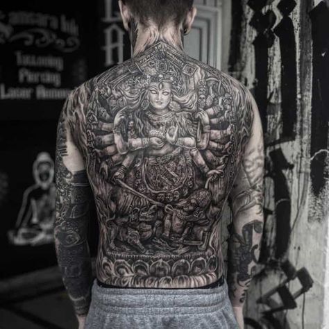 Full Upper Body Tattoo Men, Shiva Back Tattoo, Kali Tattoos, Buddhist Tattoos, Back Tattoos For Guys Upper, Piercing Art, Kali Tattoo, Hindu Tattoos, Backpiece Tattoo