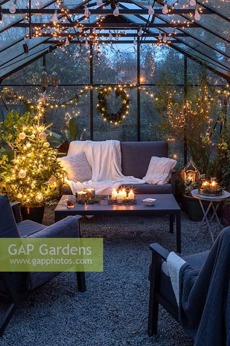 Lounge furniture inside greenhouse decorated for Christmas with tree, fairylights and candles Inside Greenhouse, Outdoor Living Patios, Beautiful Outdoor Living Spaces, Backyard Plan, Greenhouse Interiors, Christmas Plants, Backyard Greenhouse, Have Inspiration, Outside Living