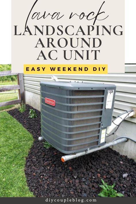 Trying to spruce up your outdoor space by the air conditioner unit on the side of house? How about using lava rock for easy landscaping that looks so pretty even up against an ugly ac unit. Why not try a flower beds with rocks instead of mulch?! This is a great weekend DIY project you'll want to try! Save this pin for inspiration for your upcoming garden. Air Conditioner Unit Landscape, Landscaping Around Ac Unit, Flower Beds With Rocks, Rocks Instead Of Mulch, Lava Rock Landscape, Yard Transformation, Rock Flower Beds, Landscaping Around Pool, Retaining Wall Blocks