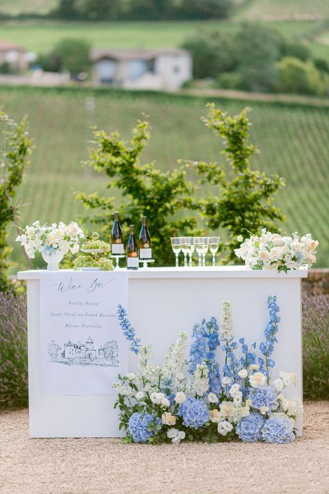 Enchanting wedding ideas at a Chateau in the vineyards of Burgundy via Magnolia Rouge Hydrangeas At Wedding, Wedding Ideas Hydrangea, French Garden Theme Wedding, Indoor Wedding Decorations Elegant, French Garden Wedding Decor, Blue Coastal Wedding Theme, Light Blue Coastal Wedding, Hydrangea Floral Arrangements Wedding, Blue Southern Wedding