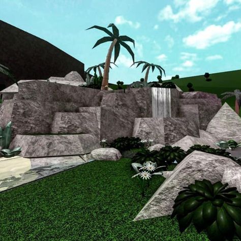 Small hill built on bloxburg Bloxburg Garden Ideas Modern, Bloxburg Back Garden Ideas, House On A Hill Bloxburg, Bloxburg Landscaping Ideas, Bloxburg Front Garden Ideas, Bloxburg Backyard Ideas Aesthetic, Bloxburg House Ideas Front Yard, Bloxburg Landscape Ideas, Bloxburg Treehouse