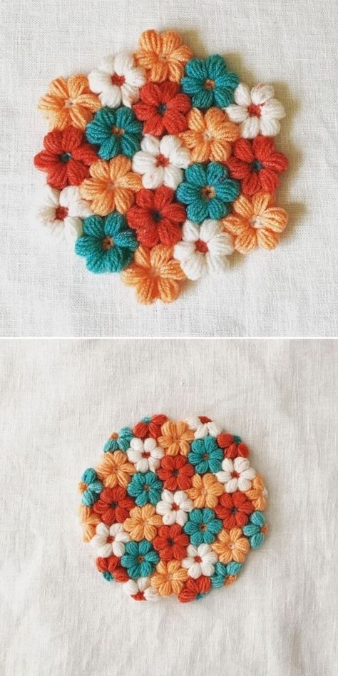 Crochet puff flowers can be decorations on their own, or end up attached to each other, creating dense meadow of flowers. Sunny went for one of the best ways to approach puff flowers, and that's to mix and match the colors within petals and centers. As you can see, each flower ends up looking interesting, but you don't loose the overall vibe of the color scheme. Clever! #puffflower #crochetflower #flowerblanket #babyblanket Wildflower Granny Square, Tote Crochet, Crochet Flower Blanket, Crochet Puff Flower, Crochet Flowers Easy, Gilet Crochet, Crocheted Flower, Crochet Coaster Pattern, Gift Crochet