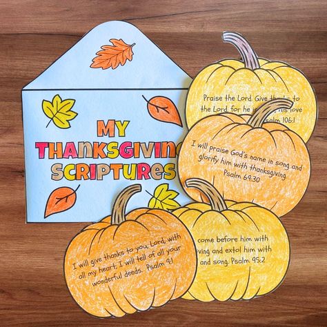 This is a fun activity for homeschool, sunday school and christian school classrooms.  Kids can color, cut out and put the pumpkins in the envelope to help with learning memory verses for Thanksgiving.  *THIS IS A DIGITAL DOWNLOAD / NO PHYSICAL ITEMS WILL BE SENT TO YOU / US LETTER - 8.5 x 11 ready to print PDF Once you make your purchase your PDF will be available to download immediately under the purchases section of your account.  Please remember to access your file on Etsy.com the app will N Catechism Thanksgiving Activities, Bible Thanksgiving Crafts For Kids, Fall Sunday School Crafts For Kids, Sunday School Thanksgiving Activities, Sunday School Fall Crafts, Thanksgiving Church Crafts For Kids, Kids Church Thanksgiving Activities, Christian Homeschool Preschool, Fall School Party