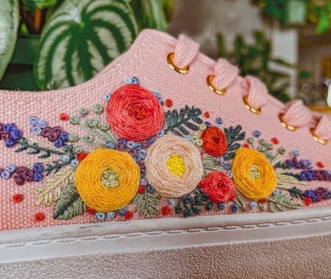 Pink MyStyle sneakers embroidered with red, yellow, white, and purle slowers Sneaker Embroidery, Free Hand Designs, Embroidered Sneakers, Bridal Sneakers, Bridal Party Outfit, Interesting Conversation, Sneakers Pink, Embroidered Canvas, Outfit Pink