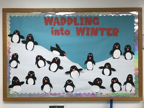 Waddling into Winter - Winter Penguin Bulletin Board - Preschool Waddling Into Winter Bulletin Board, Waddling Into Winter Door, Penguins Bulletin Board, Penguin Bulletin Boards For Preschool, Winter Bulliten Boards For School, Penguin Bulletin Board Ideas, January Bulletin Board Ideas Preschool, Winter Bulletin Boards For Preschool, Farm Classroom Decorations