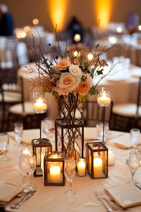 Fall Wedding Decor: Setting the Scene - Quiet Minimal Fall Inspired Centerpieces Wedding, Rustic Glam Wedding Centerpieces, Diy Centerpieces Wedding Fall, Mirrors In Wedding Decor, Enclosed Candles Wedding, Wedding Centerpieces Autumn, Fall Wedding Reception Table Decorations, Winery Wedding Table Decor, Rust Centerpiece Wedding