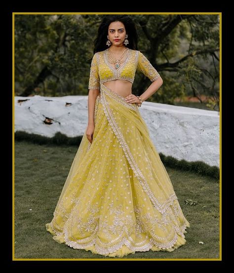 Shipping Worldwide. Fabric - Raw Silk. Work - Swarovski, Sequins, Beads, Zari, Cut Dana and Zardozi. Dupatta:- Soft net with embroidered scattered butties and scallop border. *Custom made outfit, can be made in any color of your choice. For price, orders & other information What's App on +91 9930089059 Happy Shopping☺️. Anushree Reddy Lehenga, Glass Beads Embroidery, Anushree Reddy, Floral Lehenga, Yellow Lehenga, Green Lehenga, Beads Embroidery, Net Lehenga, Lehenga Collection