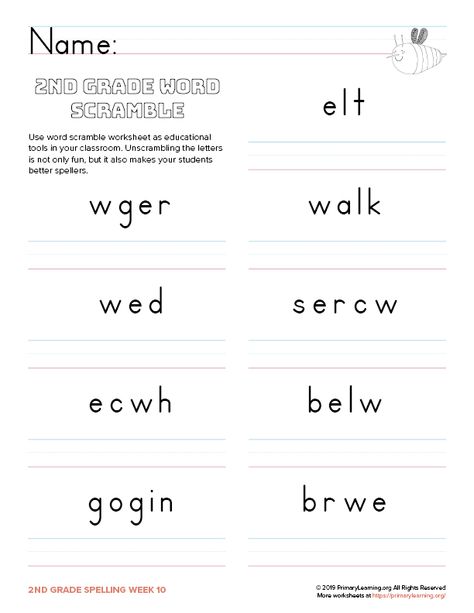 2nd Grade spelling words: let, going, walk, blew, screw, grew, brew, dew, chew. #worksheets #spelling #sightwords https://primarylearning.org/worksheet/2nd-grade-word-scramble-spelling-unit-10/?utm_source=pinterest&utm_medium=social&utm_campaign=fundamental_skills&utm_term=2nd_grade_spelling&utm_content=scramble 1st Grade Spelling, 2nd Grade Spelling Words, First Grade Reading Comprehension, 2nd Grade Spelling, Word Family Worksheets, Family Worksheet, Free Homeschool Resources, Sight Words List, Grade Spelling