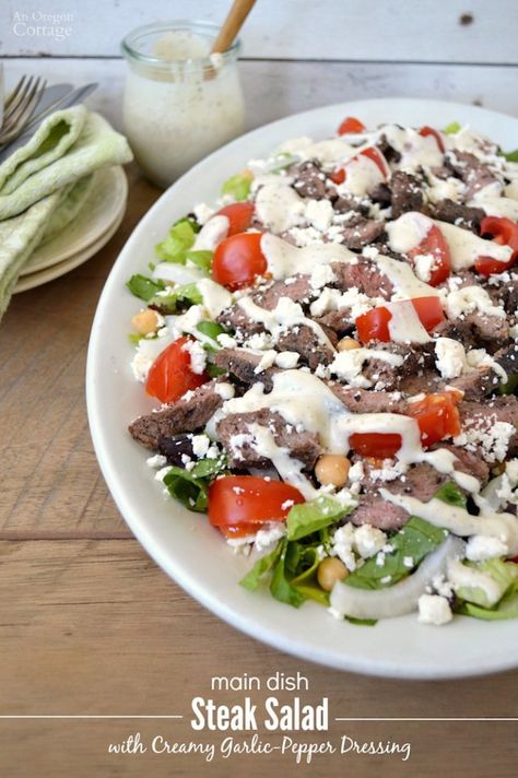 Easy Main Dish Steak Salad with Creamy Garlic-Pepper Dressing makes a fantastic warm weather meal! Dressing For Steak Salad, Steak Salad Dressing, Pepper Dressing, Creamy Dijon, Cherry Tomato Sauce, Satisfying Salads, Easy Main Dishes, Creamy Dressing, Roasted Cherry