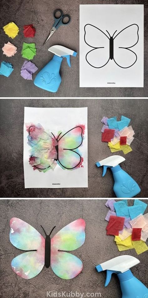 My daughter loves butterflies so I knew painting butterflies with tissue paper would be a hit. And boy was I right. This craft is fun, engaging, and comes out great every time. It was SO SATISFYING watching the colorful tissue paper bleed onto the butterfly printable. This is a fun paper craft for school, homeschool, and even Sunday school classes because it’s so cheap and easy to make! I've included a free printable of the butterfly, that's all you'll need is the tissue paper! Easy Craft Kindergarten, Butterfly Tissue Paper Craft, Things That Fly Crafts For Toddlers, Easy Art Activities For Preschoolers, Diy Butterfly Craft, Butterfly Crafts For Kids Preschool, Art Projects For Special Needs, Butterfly Art Activity, Butterfly Art Preschool