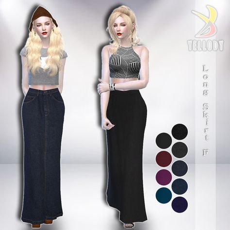 love 4 cc finds — yellody2-sims4: Long Skirt F yellody’s CC... Cc Top, High Waist Long Skirt, Sims 4 Teen, Mermaid Skirt, Cc Finds, Sims 4 Cc, Flowy Skirt, Sims Cc, Black Skirt