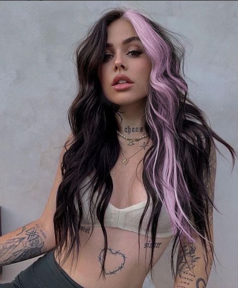 Cool Hair Dye Ideas For Long Hair, Colorful Money Pieces On Dark Hair, Vibrant Color Block Hair, 2 Toned Colored Hair, Coloring Blocking Hair, Dual Color Hair Ideas, Long Hair Funky Styles, Block Section Hair Color, Panel Coloring Hair