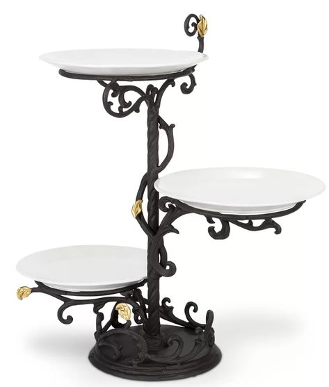 3 Tier Server, 3 Tier Stand, Gg Collection, Tiered Server, Stoneware Plates, Tiered Stand, Espresso Brown, Acanthus Leaf, Wood Pieces