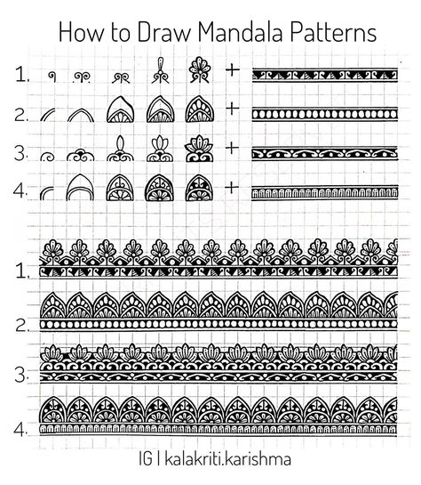 Wondering if you could use these patterns in your work? The answer is ‘YES, you definitely can. These are tutorials and are meant for you.… Kalakriti Karishma, Zen Doodle Patterns, Easy Mandala Drawing, Mandala Doodle, Mandala Patterns, Mandala Art Therapy, Simple Mandala, Doodle Art Drawing, Mandala Design Pattern