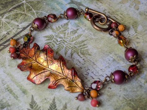 Gold and Red Autumn Oak Leaf Bracelet Fall Bracelet Hand | Etsy Oak Leaf Earrings, Lucite Flower Earrings, Red Autumn, Autumn Bracelet, Copper Anniversary Gifts, English Vintage, Silver Flower Earrings, Vintage Style Earrings, Leaf Bracelet