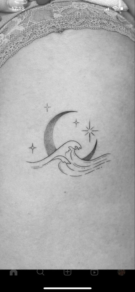 Night Ocean Tattoo, Sun And Moon Tattoo Ribs, Ocean Memorial Tattoo, Moon Beach Tattoo, Ocean And Moon Tattoo, Moon And Water Tattoos, Moon River Tattoo, Moon And Ocean Tattoo, Grandad Tattoo