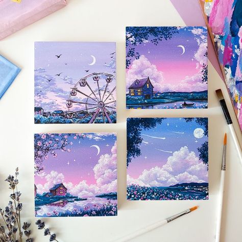 Want to decorate your home with a unique and original piece of art? Here you can shop a wide selection of original paintings which would perfectly fit even in a small space! Each artwork in this shop is entirely hand drawn, which make each painting special and one of a kind! ∎ Size: 10 cm x 10cm ( approximately 3.9” x 3.9”) ∎ Little wooden easel from pictures is shipped with the painting for free! ∎ Created with high quality acrylic paints on a wooden board Unique Mini Canvas Painting, Canvas Painting 3 Piece, 4 In One Painting, Art For Small Canvas, Watercolor Painting On Canvas, Art Inspo Aesthetic Painting, Poster Painting Ideas, Aesthetic Painting On Canvas, Canvas Art Painting Wall Decor