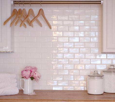 White subway tile and butcher block top laundry room budget renovation Laundry Room Budget, Pink Laundry Room, Laundry Room Backsplash, Utility Room Decor, Laundry Room Counter, Countertop Covers, French Country Bathrooms, Pink Laundry, Laundry Room Inspo