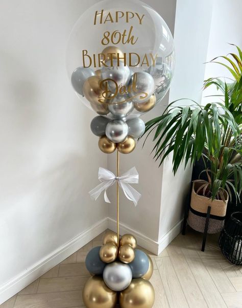 Balloon Stand Ideas Birthday Parties, 60th Birthday Balloon Ideas, 80th Birthday Balloon Ideas, 50th Balloon Ideas, 90th Birthday Balloons, 70th Birthday Balloon Bouquet, 60th Balloon Ideas, 50 Birthday Balloon Ideas, 80th Birthday Table Decor