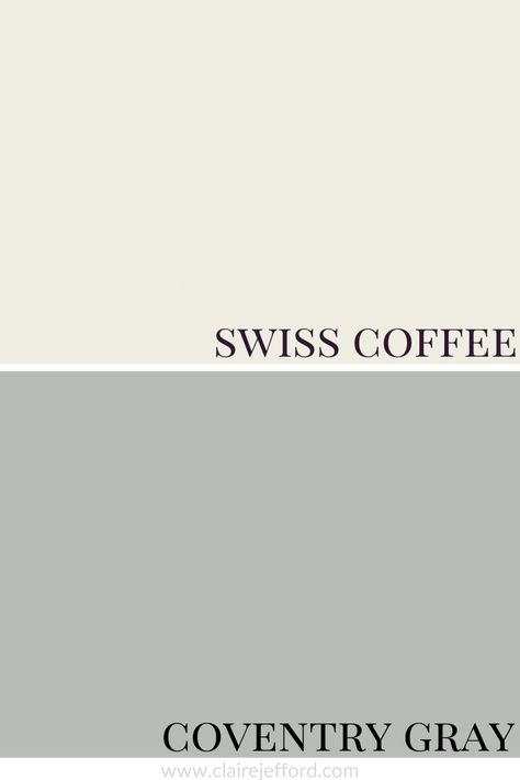 Benjamin Moore Swiss Coffee Colour Review by Claire Jefford Swiss Coffee Accent Colors, Swiss Coffee And Edgecomb Gray, Swiss Coffee Benjamin Moore Cabinets, Swiss Coffee Exterior Paint, Swiss Coffee Exterior, Swiss Coffee Color Palette, Coventry Gray Benjamin Moore, Carpenter House, White Paint Colours