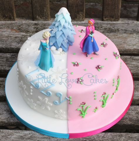 Little Love Cakes: Half n' half Frozen cake with Elsa and Anna Anna Frozen Birthday Cake, Pink Frozen Birthday Cake, Pink Elsa Cake, Pink Frozen Cake, Elsa Anna Cake, Elsa And Anna Cake, Frozen Cake Ideas, Half And Half Cake, Anna Frozen Cake