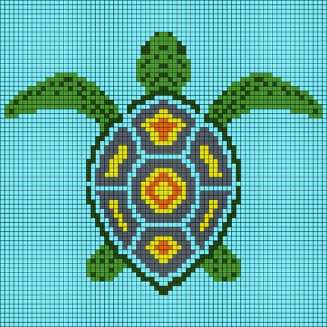 Sea Turtle Pixel Art, Turtle Alpha Pattern, Turtle Pixel Art, Sea Turtle Cross Stitch, Turtle Blanket, Cross Stitch Sea, Easy Perler Bead Patterns, Center Park, Native Beading Patterns