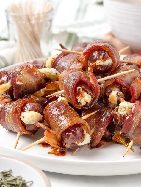 Bacon Wrapped Dates - Stuffed with Herb Cream Cheese! - Entirely Elizabeth Bacon Wrapped Figs With Goat Cheese, Bacon Wrapped Dates With Cream Cheese, Pasta Chicken Broccoli, Stuffed Dates Wrapped In Bacon, Bacon Wrapped Stuffed Dates, Baked Chicken And Broccoli, Dates Wrapped In Bacon, Bacon Wrapped Figs, Chicken Sausage Rolls