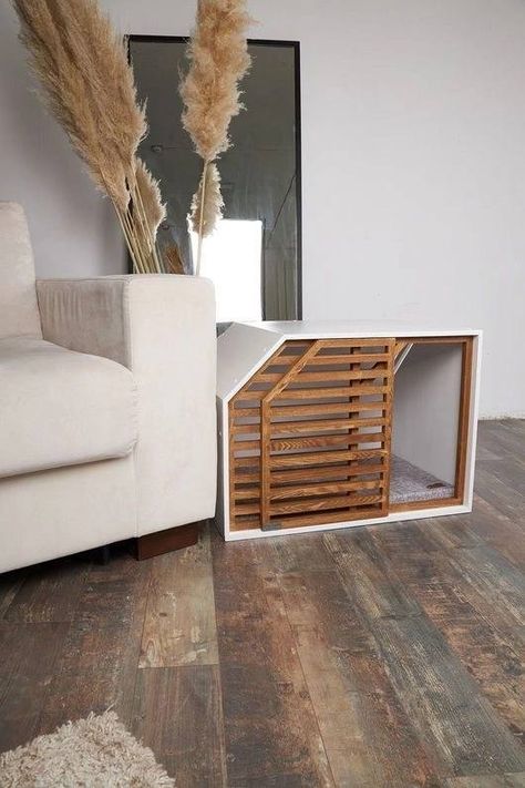 Dog Home Idea, Hidden Dog Crate, Cute Dog Crate, Dog Ideas For The Home, Dog House Decor, Decorative Dog Crates, Dog Room Decor, Wood Dog Crate, Dog Bedroom