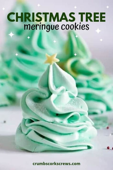 Add a touch of festive magic to your holiday dessert table with these super cute and simple Christmas Tree Meringue Cookies... light, airy, a little bit chewy with a sprinkle of sparkle! #christmasrecipe #meringue #cookie #christmastree #meringuecookie #easyrecipe #crumbscorkscrews | crumbscorkscrews.com via @loucarruthers Christmas Tree Meringue, Tree Meringue, Gluten Free Christmas Cookies Recipes, Jul Kaka, Holiday Dessert Table, Gluten Free Christmas Cookies, Patisserie Fine, Holiday Desserts Table, Gluten Free Christmas