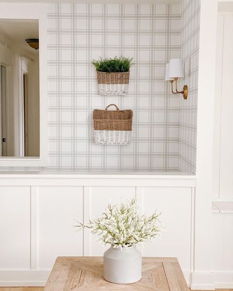 Love vs. Design on Instagram: "You and your happy place. Some things just go together. ⠀⠀⠀⠀⠀⠀⠀⠀⠀ Other things that go together: wallpaper with board and batten. We love this traditional combination and its style, like in this living room space from @life_with_krystal featuring our Basic Plaid wallpaper. It just makes us, well, happy! ⠀⠀⠀⠀⠀⠀⠀⠀⠀ Where’s your happy place? ⠀⠀⠀⠀⠀⠀⠀⠀⠀ Wallpaper: Basic Plaid by @lovevsdesign Photo: @life_with_krystal" Wallpaper With Board And Batten, Plaid Living Room, Together Wallpaper, Place Wallpaper, Things That Go Together, Things That Go, Plaid Wallpaper, Living Room Spaces, Board And Batten