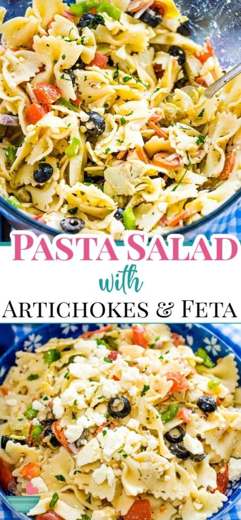 Pasta Salad With Artichoke Hearts, Salad With Artichoke Hearts, Artichoke Pasta Salad, Artichoke Heart Recipes, Bowtie Pasta Salad, Greek Pasta Salad Recipe, Feta Pasta Salad, Greek Vinaigrette, Bow Tie Pasta